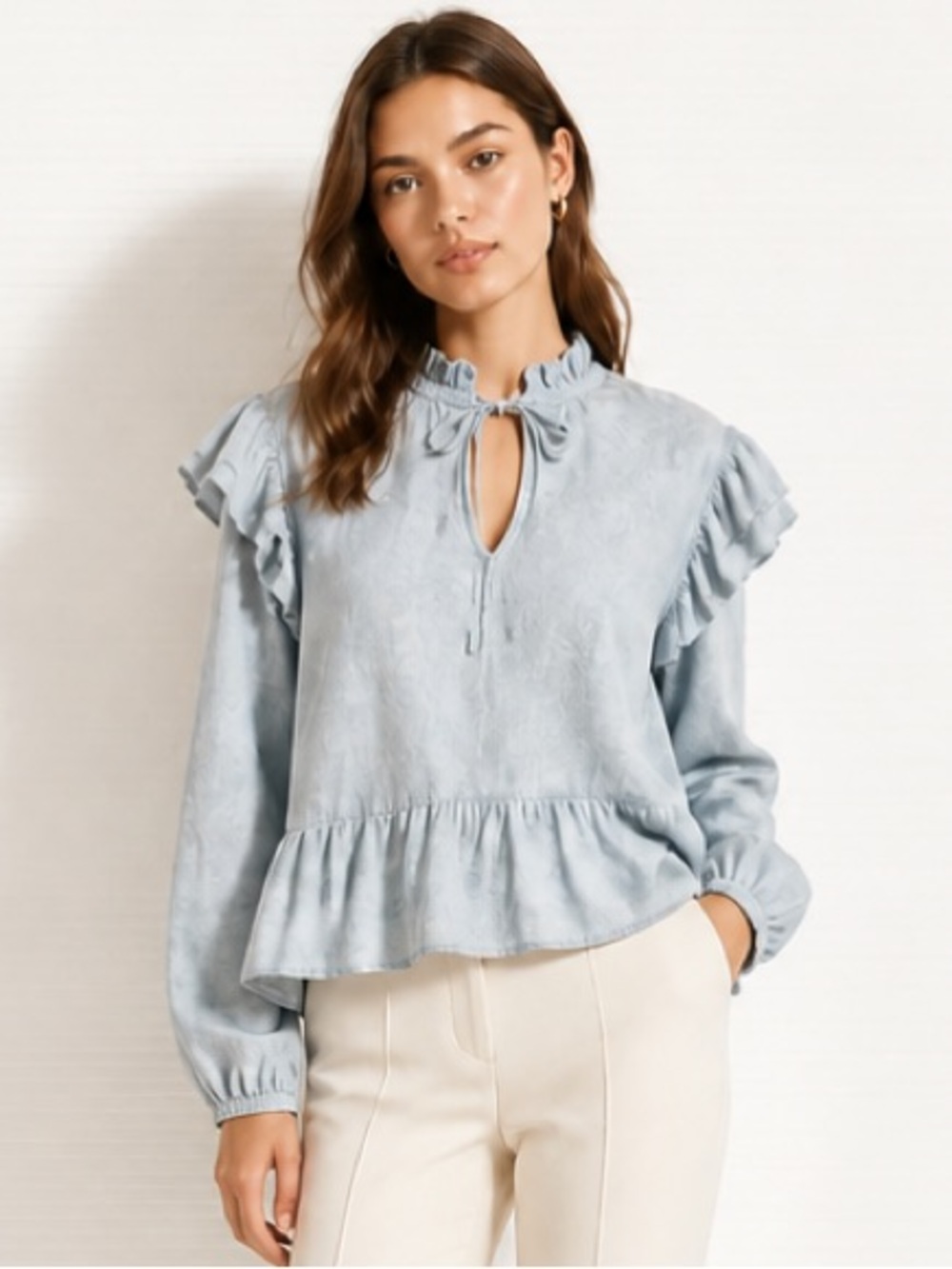 BLANK NYC On the Streets Ruffle Keyhole Peplum Blouse Blue Chambray Boho Size L